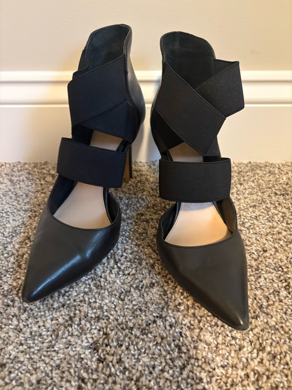 Vince Camuto Black Pointed Toe Crisscross Strap Heels
